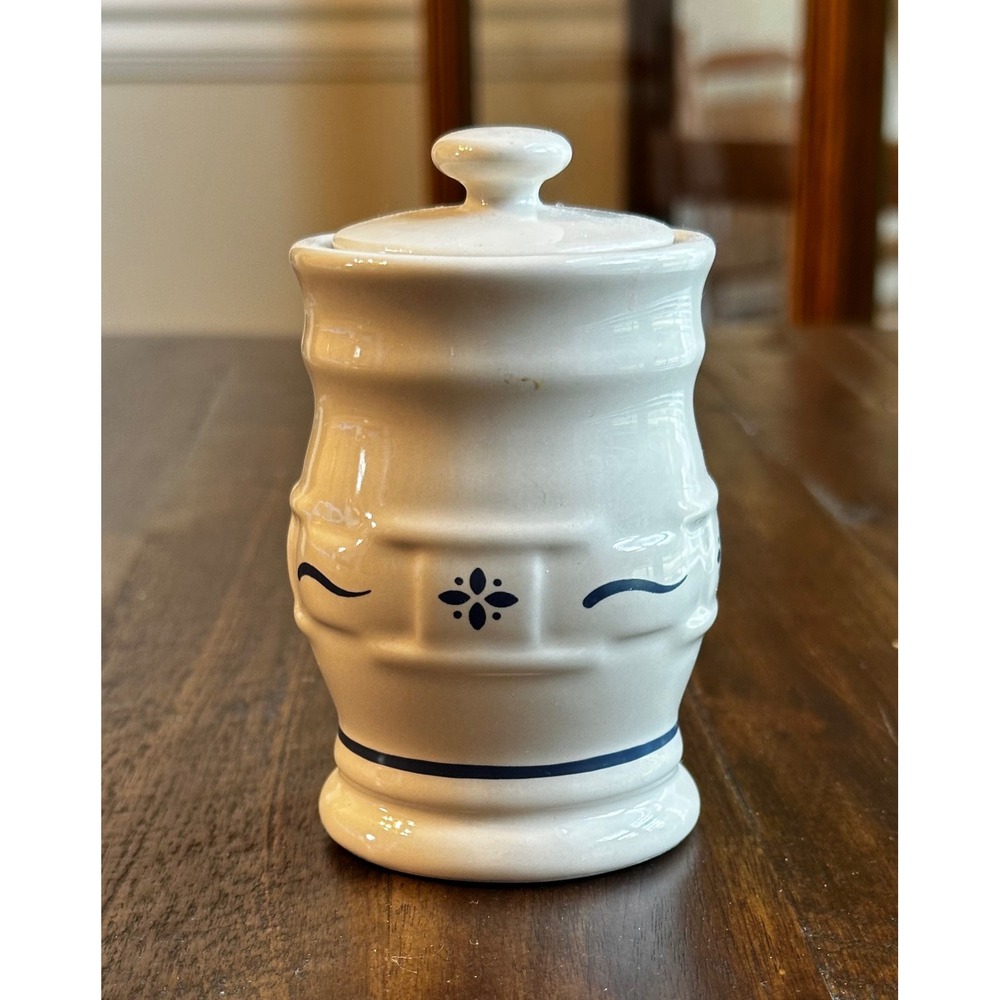 Longaberger Pottery Wov. Traditions Ivory Blue Spice Jar Canister with Lid 4.5in